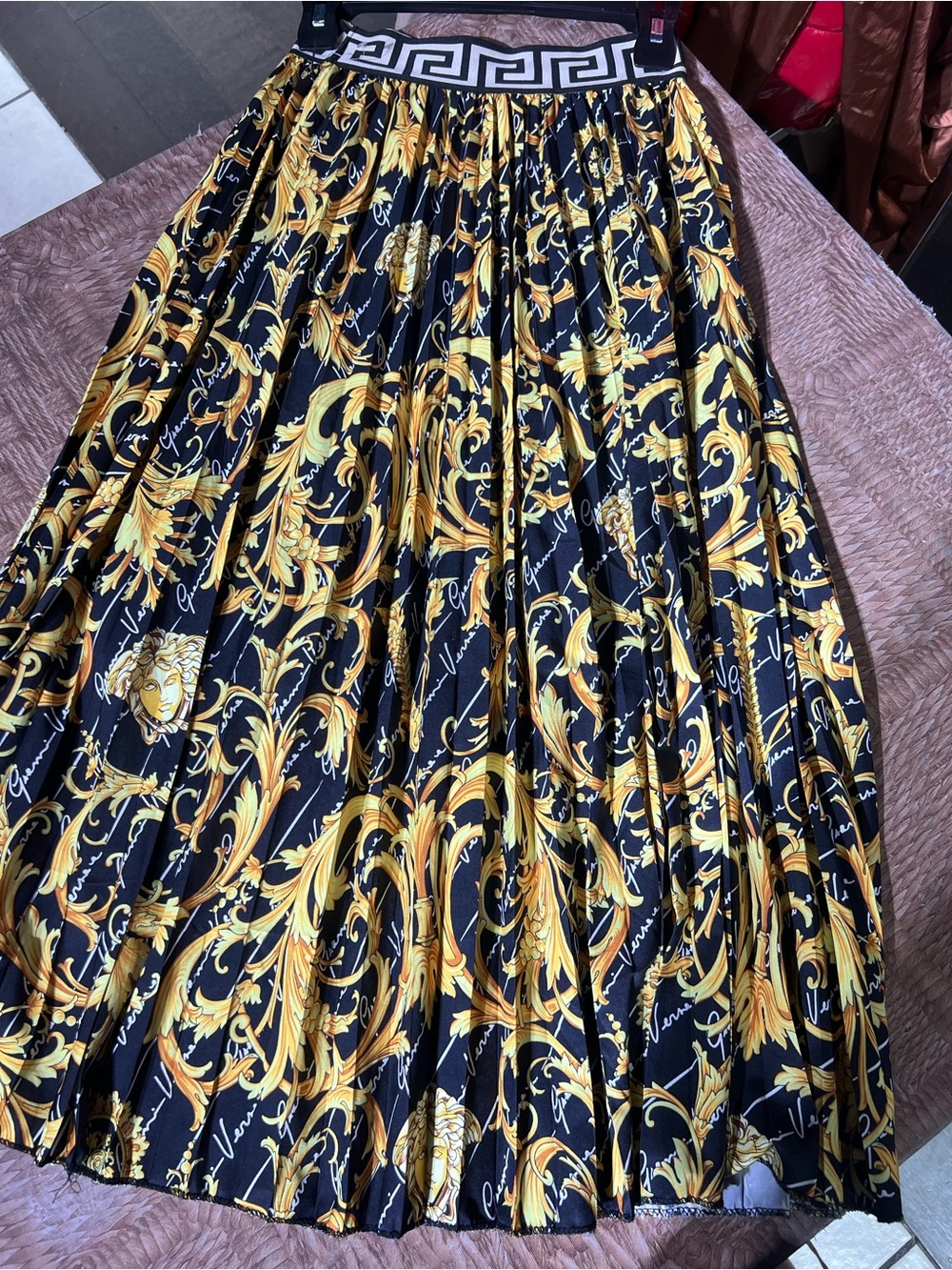 Black & Gold Baroque Midi Skirt with Elastic Greek Key Waistband